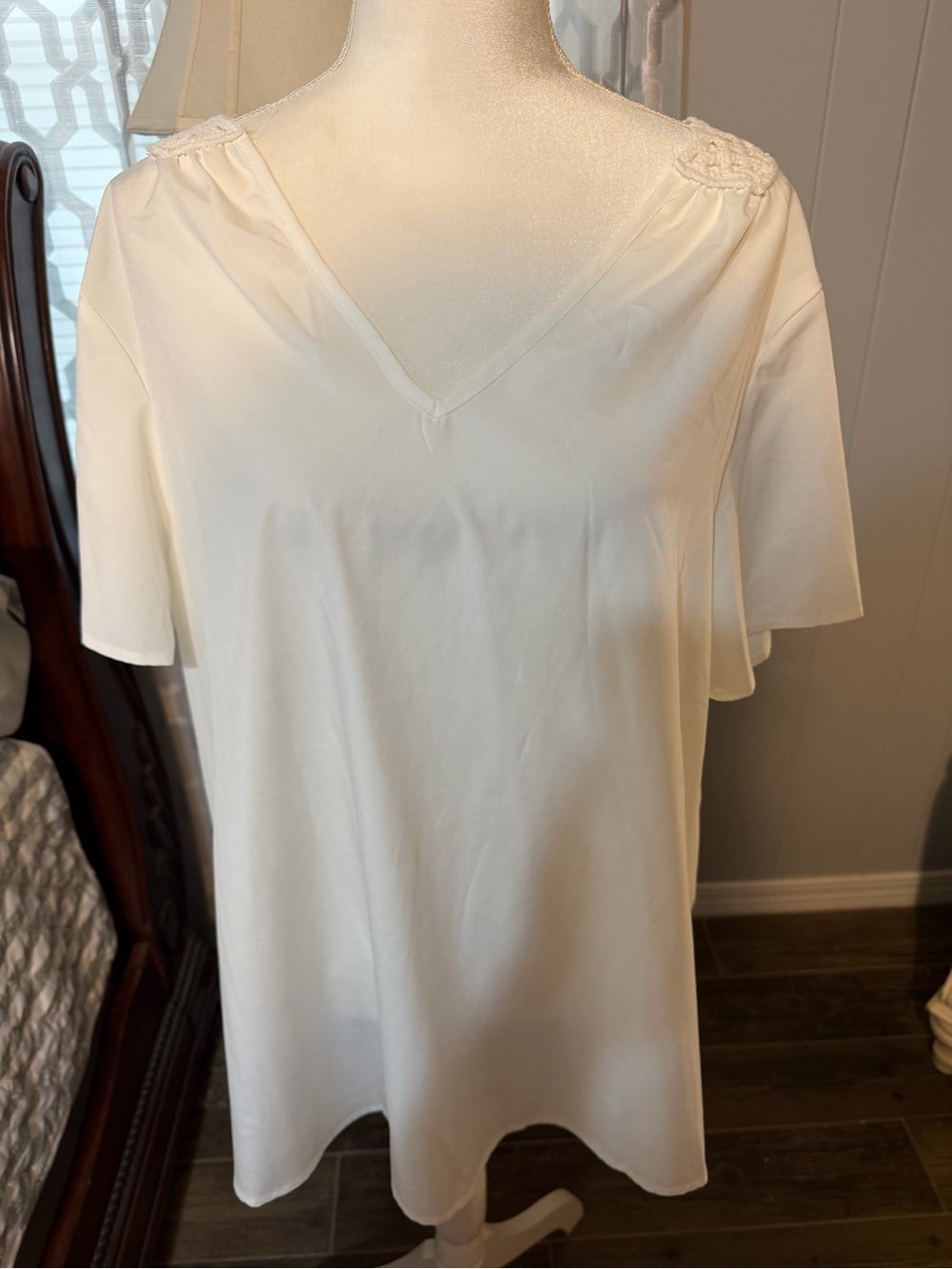 SHEIN white  V-Neck Short Sleeve Top with Back Crochet